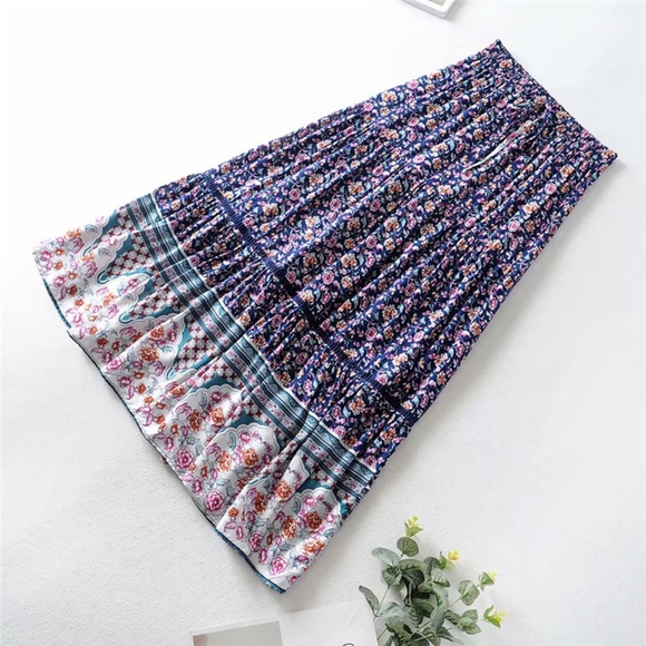 013 Boho Blue Floral Print Ruffle Maxi Skirt Gypsy - Picture 4 of 11